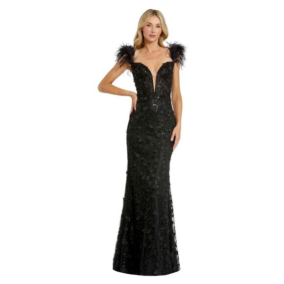 Mac Duggal 20889 Size 10 Black Floral Applique Bustier Feathers Gown Maxi Dress - Picture 2 of 4